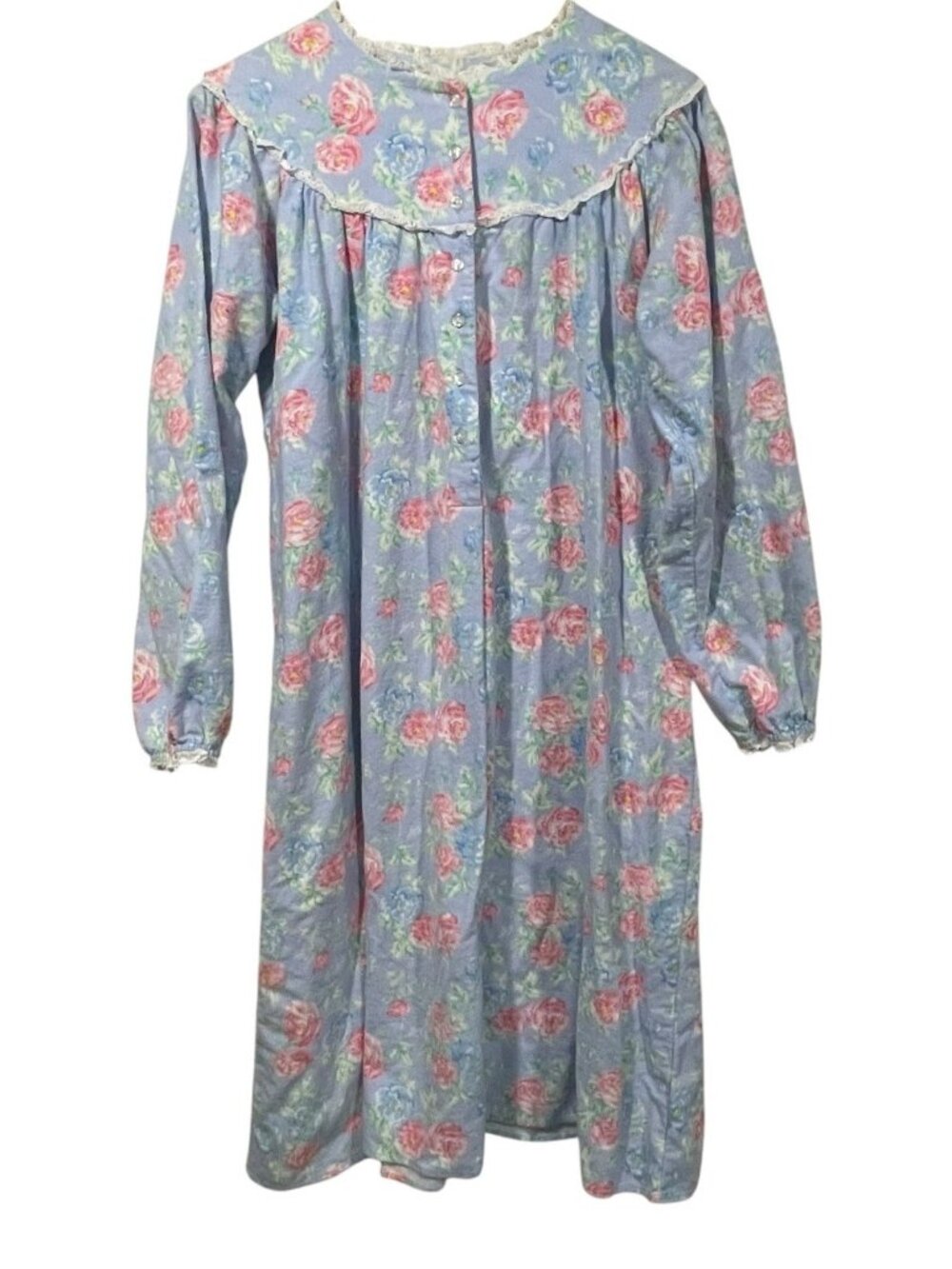 Lanz of Salzburg Flannel Nightgown Blue Pink Floral Long Sleeve Lace Trim Sz S